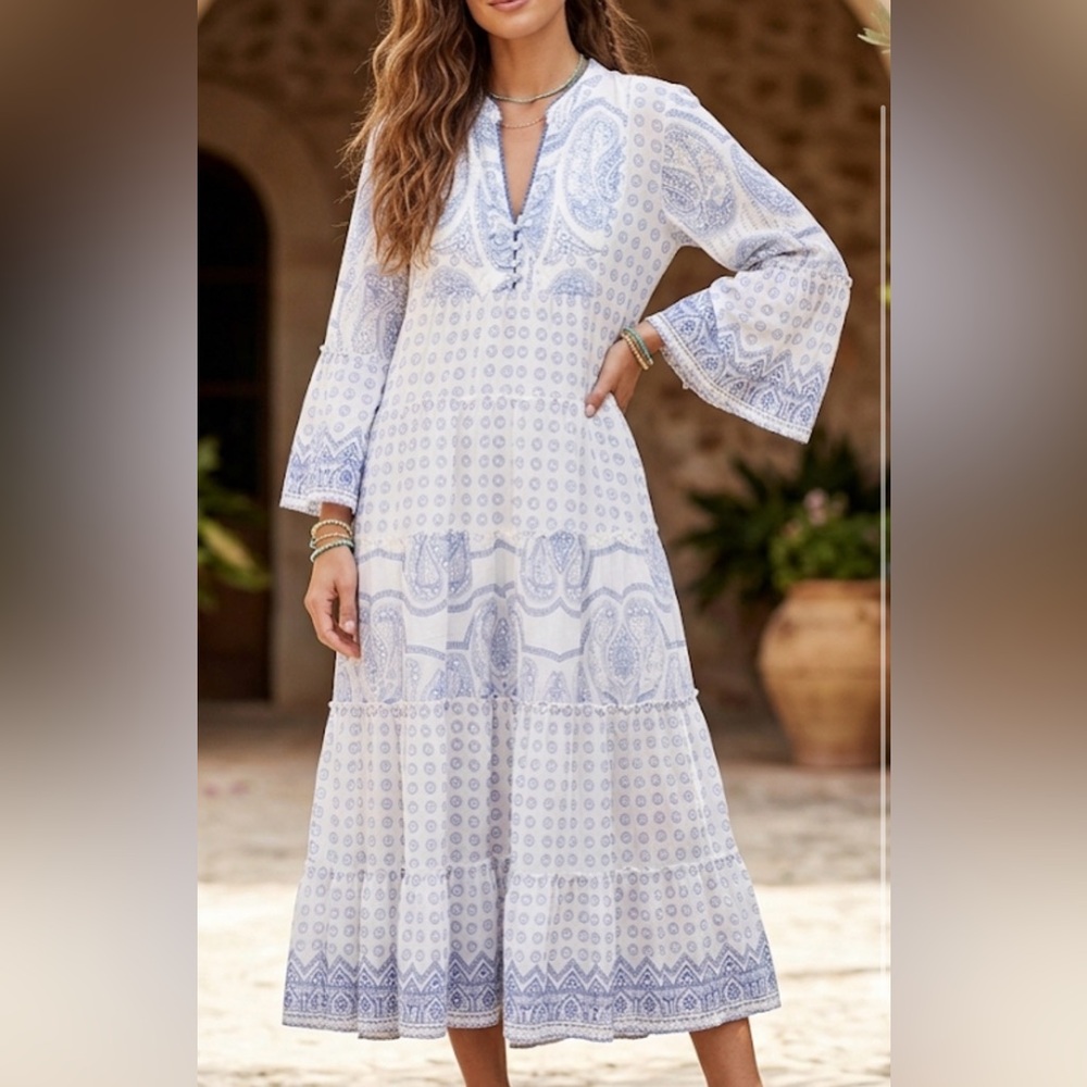 ibBan Hand Made Blue Paisley Block Print Tiered Midi Dress Free Size Boho Bell